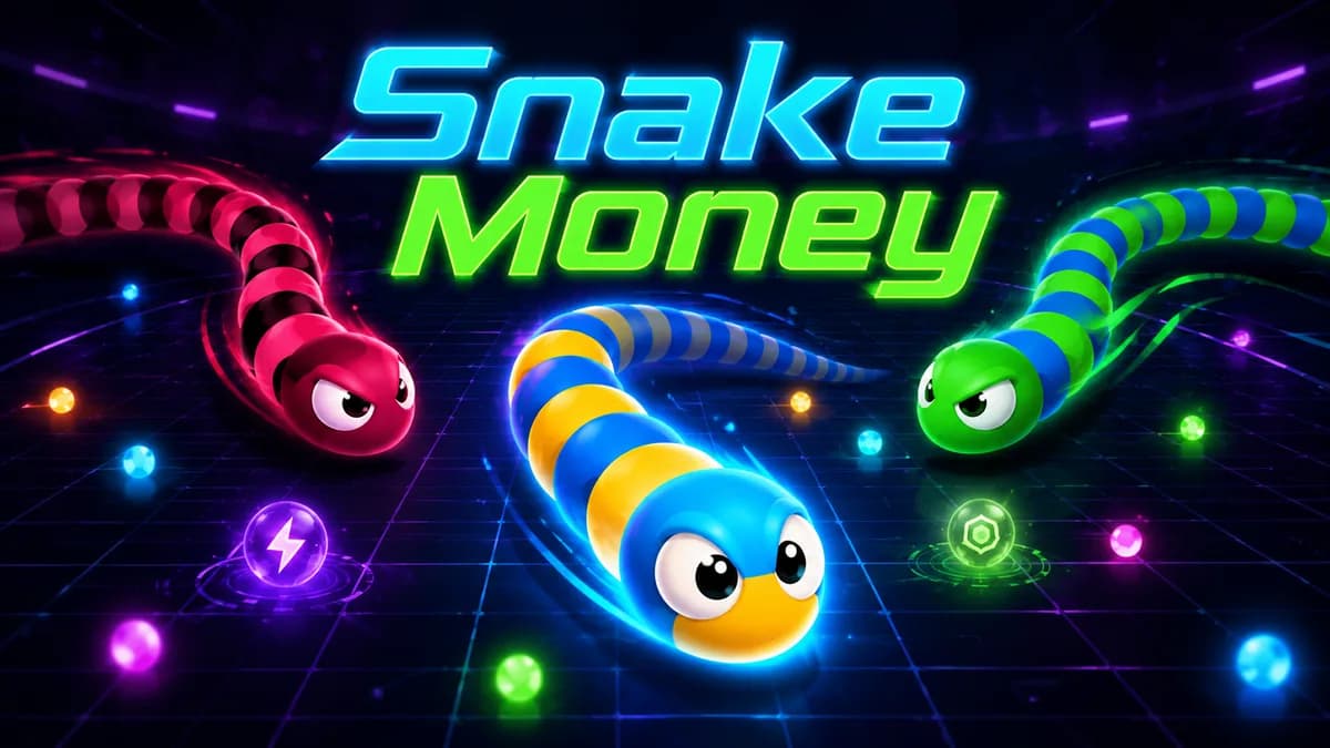Snake Money: three neon snakes racing for glowing orbs across a dark grid, under the game logo.